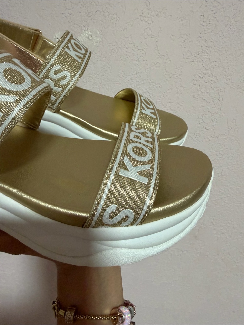 Michael Kors Gold Logo Strap Platform Sandals with White Sole - Picture 6 of 7